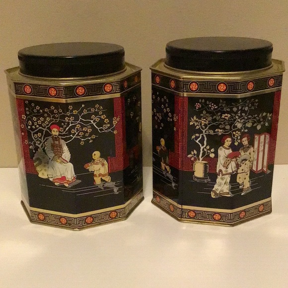 Vintage asian tea cannisters retro decor collectible black gold red authentic - Picture 3 of 9